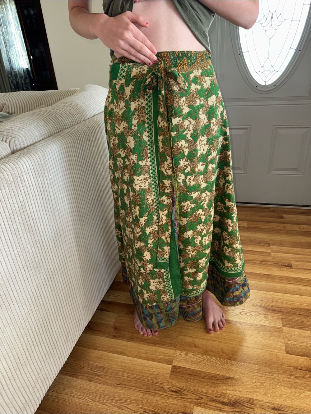 Green Floral Silk Wrap Maxi Skirt
